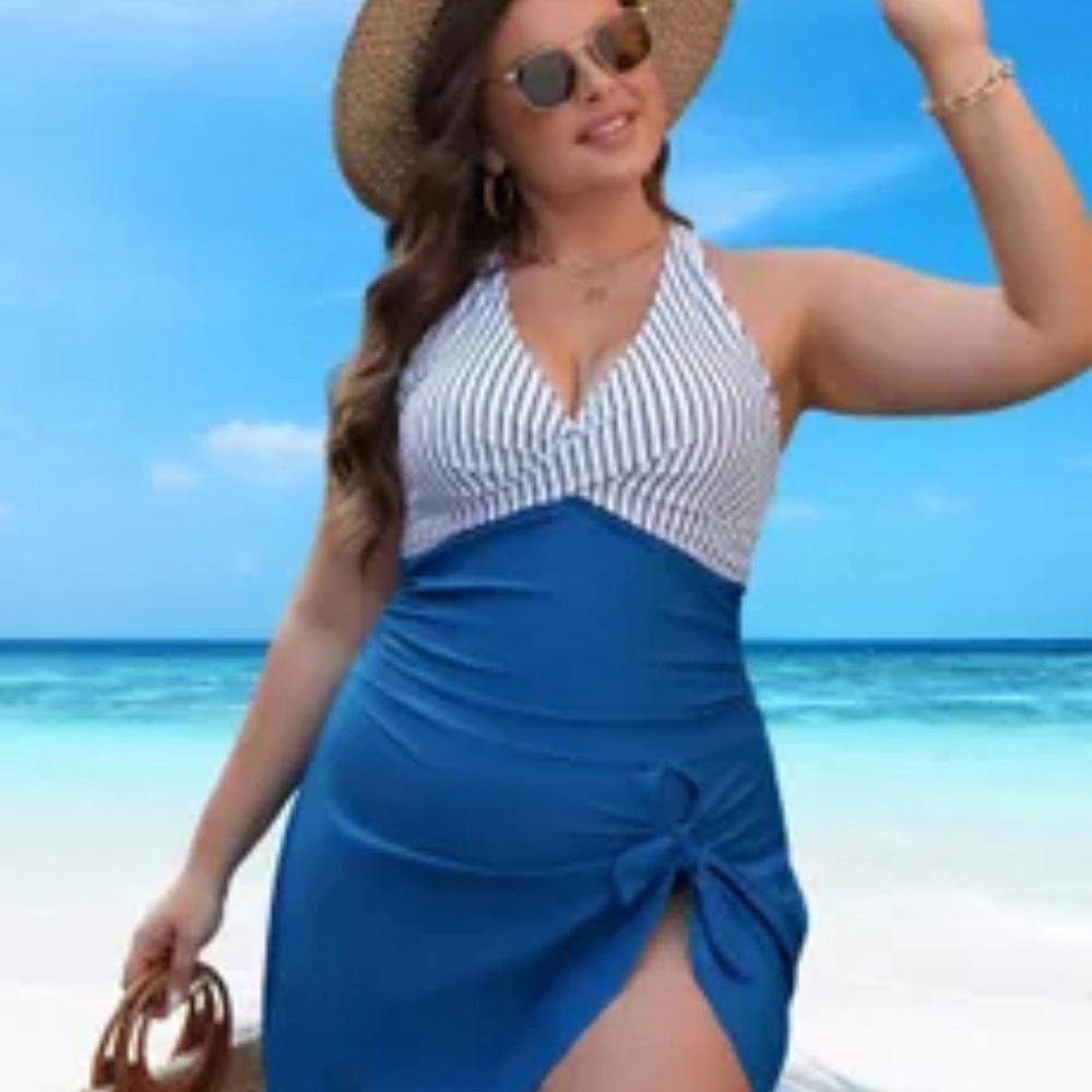 Blooming Jelly Blue and White Striped Halter swimsuit plus size 4XL brand new!